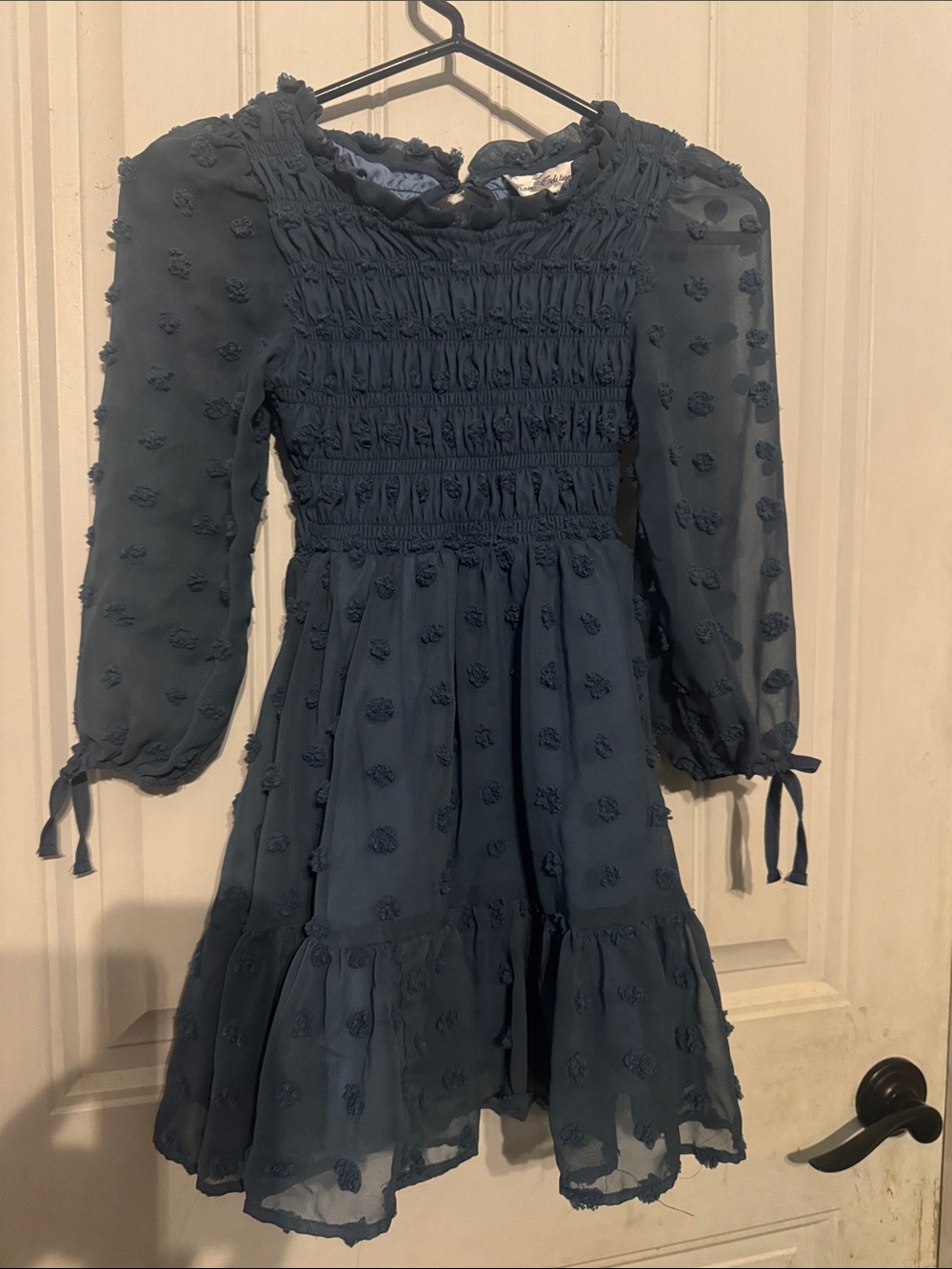 Rare Editions Navy Textured Smocked Long-Sleeve Dress
